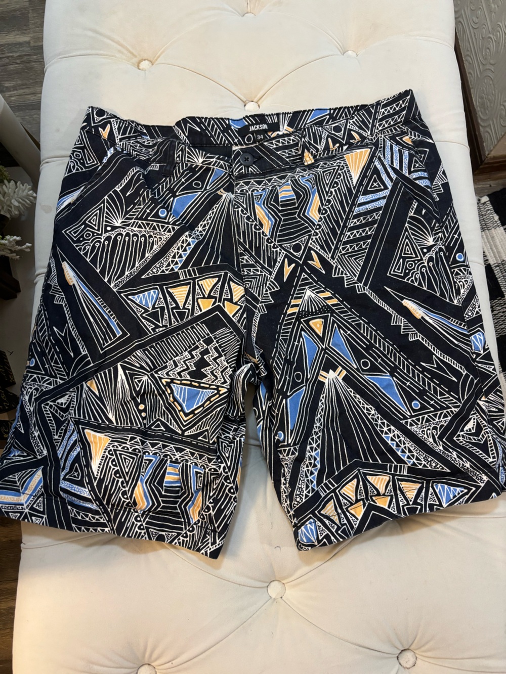 JACKSON Black Pants with Blue and Yellow Geometric Print